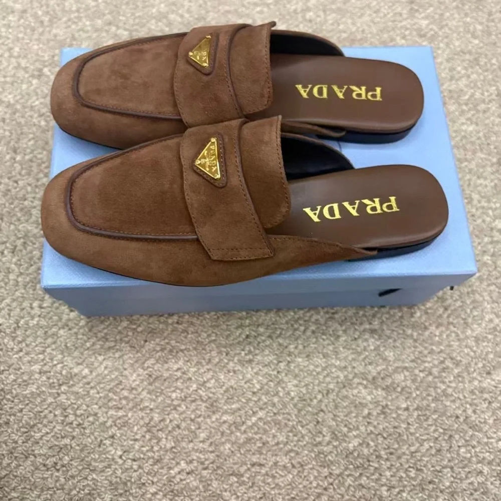 Prada Brown Suede Backless Loafers with Gold Logo - Picture 2 of 9